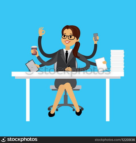 Successful multitasking businesswoman,flat caucasian office worker female,vector illustration
