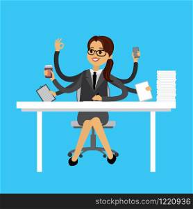 Successful multitasking businesswoman,flat caucasian office worker female,vector illustration