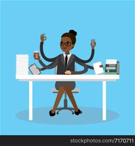 Successful multitasking businesswoman on workplace,flat african american office worker female,vector illustration