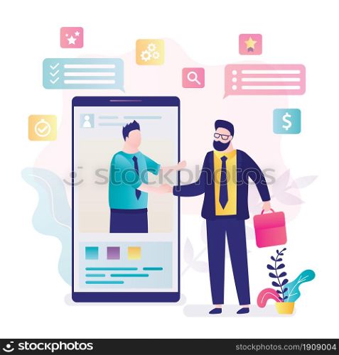 Successful negotiations, businesspeople shake hands on mobile phone screen. Remote negotiations on internet. Online business communication, successful deal. Handsome businessmen. Vector illustration. Successful negotiations, businesspeople shake hands on mobile phone screen. Remote negotiations on internet.