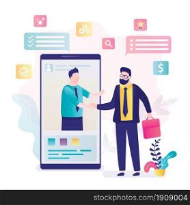 Successful negotiations, businesspeople shake hands on mobile phone screen. Remote negotiations on internet. Online business communication, successful deal. Handsome businessmen. Vector illustration. Successful negotiations, businesspeople shake hands on mobile phone screen. Remote negotiations on internet.