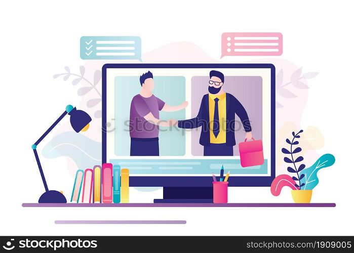 Successful negotiations, businesspeople shake hands on monitor screen. Remote negotiations on internet. Online business communication, successful deal. Workplace with accessories. Vector illustration. Successful negotiations, businesspeople shake hands on monitor screen. Remote negotiations on internet. Online business communication