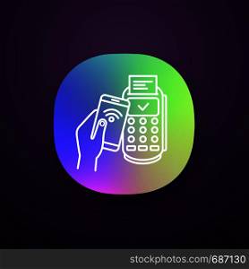 Successful NFC smartphone payment app icon. UI/UX user interface. NFC phone and POS terminal. Mobile phone contactless payment. Web or mobile application. Vector isolated illustration. Successful NFC smartphone payment app icon