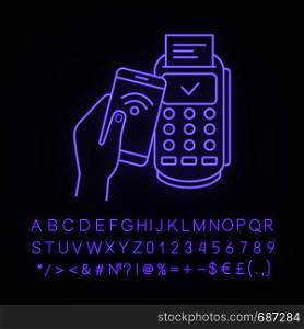 Successful NFC smartphone payment neon light icon. NFC phone and POS terminal. Mobile phone contactless payment. Glowing sign with alphabet, numbers and symbols. Vector isolated illustration. Successful NFC smartphone payment neon light icon