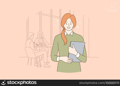 Successful office worker businesswoman concept. Portrait of smiling young business woman worker standing with laptop over colleagues at background looking at camera illustration. Successful office worker businesswoman concept