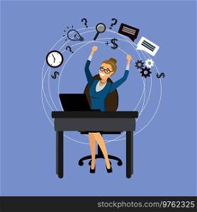 successful Office worker or business woman. Working On laptop Computer.Icons of different applications.Cartoon vector illustration. successful Office worker or business woman. Working On laptop Co