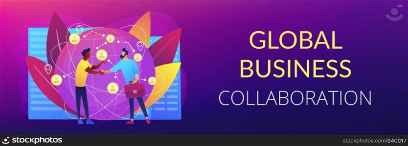 Successful partnership negotiation, partners handshaking. International business, global business collaboration, international teamwork concept. Header or footer banner template with copy space.. International business concept banner header.