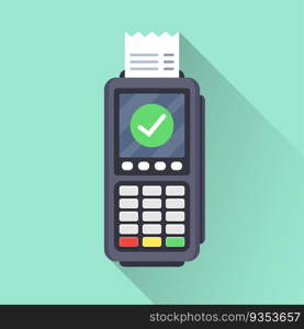 Successful payment operation. POS terminal printed reciept with green tick and long shadow. Vector illustration