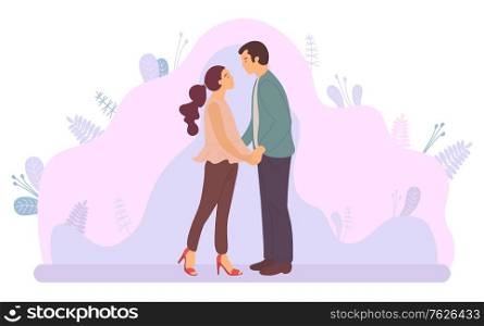 Successful people in love spend time together, relationships between male and female. Dating couple, hugging man and woman, purple plants and leaves. Flat cartoon. Dating Couple, Hugging Man and Woman, Purple Plant
