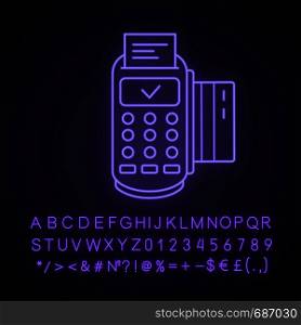 Successful POS terminal transaction neon light icon. Payment terminal. Glowing sign with alphabet, numbers and symbols. E-payment. Vector isolated illustration. Successful POS terminal transaction neon light icon