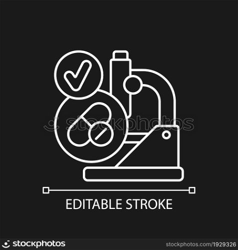 Successful research white linear icon for dark theme. Effective clinical trials. Medical biotech. Thin line customizable illustration. Isolated vector contour symbol for night mode. Editable stroke. Successful research white linear icon for dark theme
