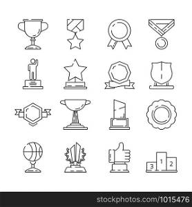 Successful reward icon. Winner cups and trophies medal and ribbons vector thin line symbols. Illustration of trophy and prize, reward and award to competition. Successful reward icon. Winner cups and trophies medal and ribbons vector thin line symbols