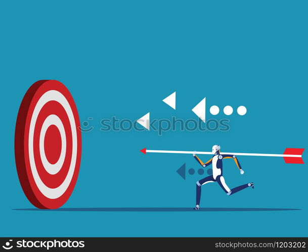 Successful. Robot holding arrow and go to accuracy reach aim. Concept achievement vector illustration.