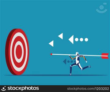 Successful. Robot holding arrow and go to accuracy reach aim. Concept achievement vector illustration.