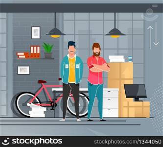 Successful Smiley Businessmen or Freelancers Move to New Office. Flat Cartoon Male Characters Stand by Cardboard Box Stack, Paper Documents Pile, Monitor, Bike, Table. Vector Moving Job Illustration. Successful Smiling Businessmen Move to New Office