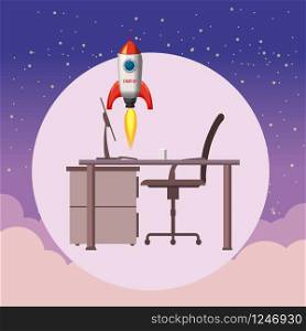 Successful start up, Rocket launch, offise, ship, vector, illustration concept of business product on a market, isolated. Successful start up, Rocket launch, offise, ship, vector, illustration concept of business product on a market.