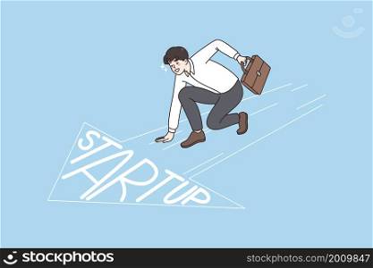 Successful startup and business concept. Smiling businessman worker sitting at start with suit and ready to maki new innovative business vector illustration . Successful startup and business concept