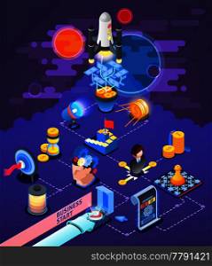 Successful startup business entrepreneurship strategy  isometric composition poster with rocket launch target cash money reward vector illustration . Startup Entrepreneurship  Isometric Composition Poster