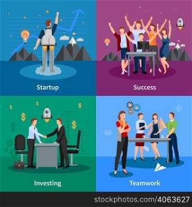 Successful startup concept 4 flat icons square poster with project investing and good teamwork isolated vector illustration . Startup 4 Flat Icons Square Poster