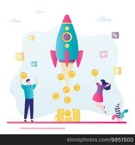Successful startup concept. Happy developers or investors with gold coins. New profit company,success business project. Rocket takeoff. Businesspeople characters in trendy style. Vector illustration