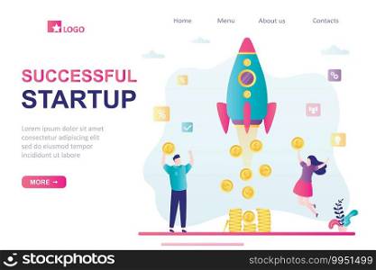 Successful startup landing page template. Happy businesspeople. Developers or investors with gold coins. New profit company, success business project. Rocket takeoff. Trendy Vector illustration