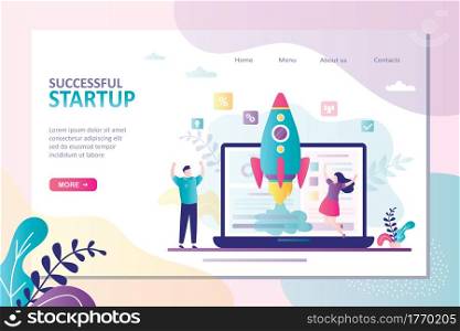 Successful startup landing page template. Rocket takeoff on laptop screen. Happy businesspeople or investors. New business development,teamwork. Achievement, new internet company. Vector illustration. Successful startup landing page template. Rocket takeoff on laptop screen. Happy businesspeople or investors.