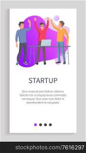 Successful startup of programmers vector. People working on business project, achieving results, laptop on table, technology advancement in office. Slider for business app with startup team. Startup Men Developers Giving High Five Website