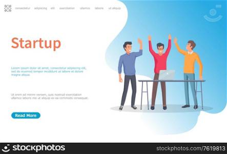 Successful startup of programmers vector. People working on business project, achieving results, laptop on table, technology advancement in office. Website or webpage template, landing page flat style. Startup Men Developers Giving High Five Website