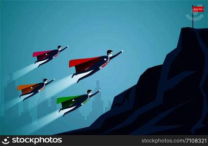 Successful superhero businessmen are flying up into the mountain to the red flag target. business finance success. leadership. startup. creative idea. illustration cartoon vector