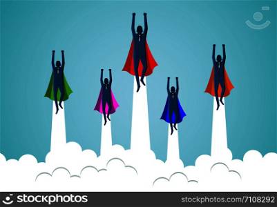 Successful superhero businessmen are flying up into the sky. business finance success. leadership. startup. creative idea. illustration cartoon vector