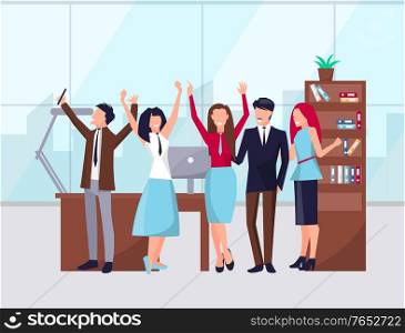 Successful team celebrating achievements vector, happy employees taking selfie. Success of teamwork. office workplace with books and laptop device. Happy Workers in Office Celebration of Success