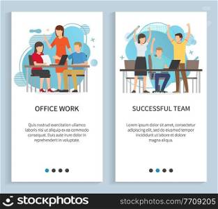 Successful team doing office work and planning strategy on laptop vector. Website or slider app, workers celebrate goal achievement and results, landing page flat style, manager gives directions. Office Work and Successful Team,Workflow in Group