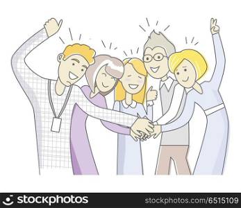 Successful Team in Linear Style Isolated on White.. Successful team in linear style isolated on white. Office team in cartoon style. Teamwork in the company. Trustful relationship in business cooperation. Workers as a members of one big family. Vector