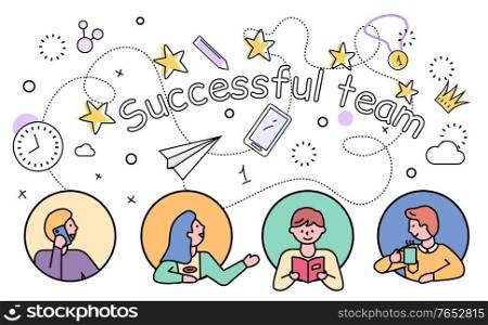 Successful team, kids in round frames and icons in line style. Boys and girl busy with work. People working on school project together. Stars and clock, paper plane and crown. Vector in flat. Successful Team, Children Teamwork Cooperation