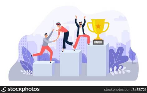Successful team. Office employees helping each other, cooperating together to achieve goal. Men and woman going upstairs to get trophy. Corporate relations, supporting workers vector. Successful team. Office employees helping each other, cooperating together to achieve goal. Men and woman going upstairs