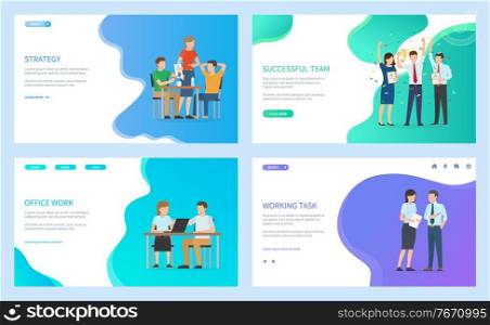 Successful team, people celebrating achievements and success, man and woman at work, meeting and discussion. Winners of business case set , website or webpage template, landing page flat style. Strategy and Successful Team, People at Work Web