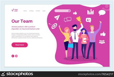 Successful team presentation, victorious teamwork and achievement of people working together. Personages with golden trophy. Man and woman with cup. Website or webpage template, landing page vector. Our Team Successful Characters with Trophy Prize