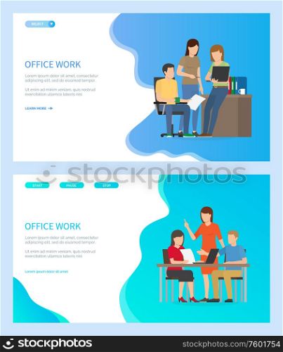 Successful team vector, man and woman brainstorm in office busy with working task and completion, Laptops and documents printed info on paper. Website or web page template, landing page flat style. Successful Team, Teamwork of People in Office