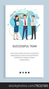 Successful team vector, man and woman holding prize and certificate for work, success celebration, coworkers with award for hardships overcoming. Website slider app template, landing page flat style. Successful Team Achieving Great Results Website