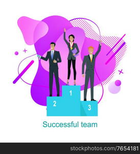 Successful team vector, man and woman standing on pedestal with awards for hard work, male and woman with silver and golden medals on necks flat style. Successful Team Business People on Pedestal Design