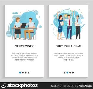 Successful team vector, office work solution of business problems and tasks, people with prize celebrating achievement of company success. Website or slider app, landing page flat style. Office Work and Successful Team, Teamwork Set