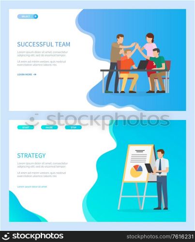 Successful team vector, people at work dealing with working tasks, office workers, strategy of businessman showing info on whiteboard infocharts. Website or webpage template, landing page flat style. Successful Team and Strategy of Businessman Web