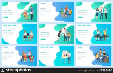 Successful team vector, people at work sitting by tables, workplace of office workers. Presentation and startup, success teamwork man and woman. Website or webpage template, landing page flat style. Successful Team and Productivity Office Work Set