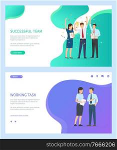 Successful team vector, people wearing formal suits working together on task completion. Woman and man celebrating success and victory of group. Website or webpage template, landing page flat style. Successful Team and Working Task, Workers Set