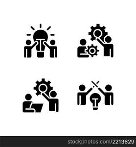 Successful teamwork black glyph icons set on white space. New ideas. Coordination and collaboration. Professional partnership. Silhouette symbols. Solid pictogram pack. Vector isolated illustration. Successful teamwork black glyph icons set on white space