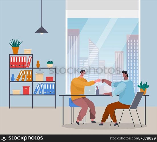 Successful teamwork. Office workers celebrating successful work, project. People high five with each other. Good job concept. Black and white guys sitting in office near panoramic window at table. Successful teamwork, office workers celebrating successful work, project, people high five
