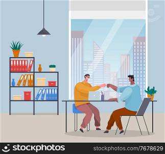 Successful teamwork. Office workers celebrating successful work, project. People high five with each other. Good job concept. Black and white guys sitting in office near panoramic window at table. Successful teamwork, office workers celebrating successful work, project, people high five