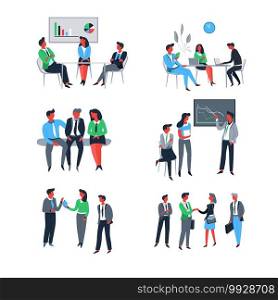 Successful teamwork people at work giving presentation vector man and woman coworkers thinking on business plan and stats meeting of partners and discussion of future project strategy development. Successful teamwork people at work giving presentation vector