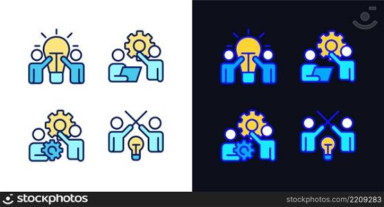 Successful teamwork pixel perfect light and dark theme color icons set. New ideas. Simple filled line drawings. Bright cliparts on white and black. Editable stroke. Quicksand-Light font used. Successful teamwork pixel perfect light and dark theme color icons set