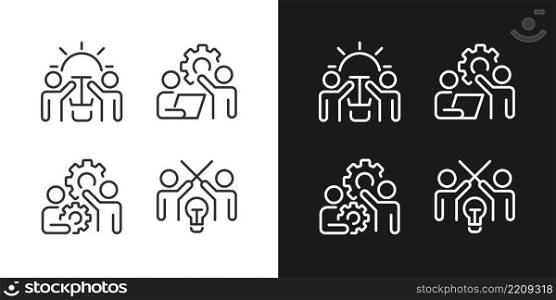 Successful teamwork pixel perfect linear icons set for dark, light mode. New ideas. Coordination and collaboration. Thin line symbols for night, day theme. Isolated illustrations. Editable stroke. Successful teamwork pixel perfect linear icons set for dark, light mode